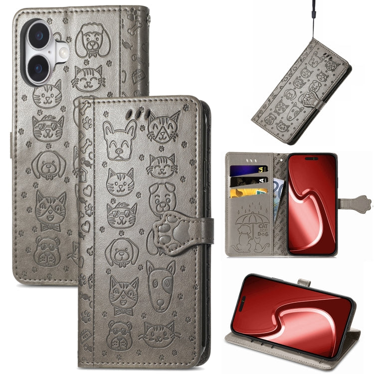 Cat and Dog Embossed Leather Phone Case, For iPhone 16 Pro Max, For iPhone 16 Pro, For iPhone 16 Plus, For iPhone 16