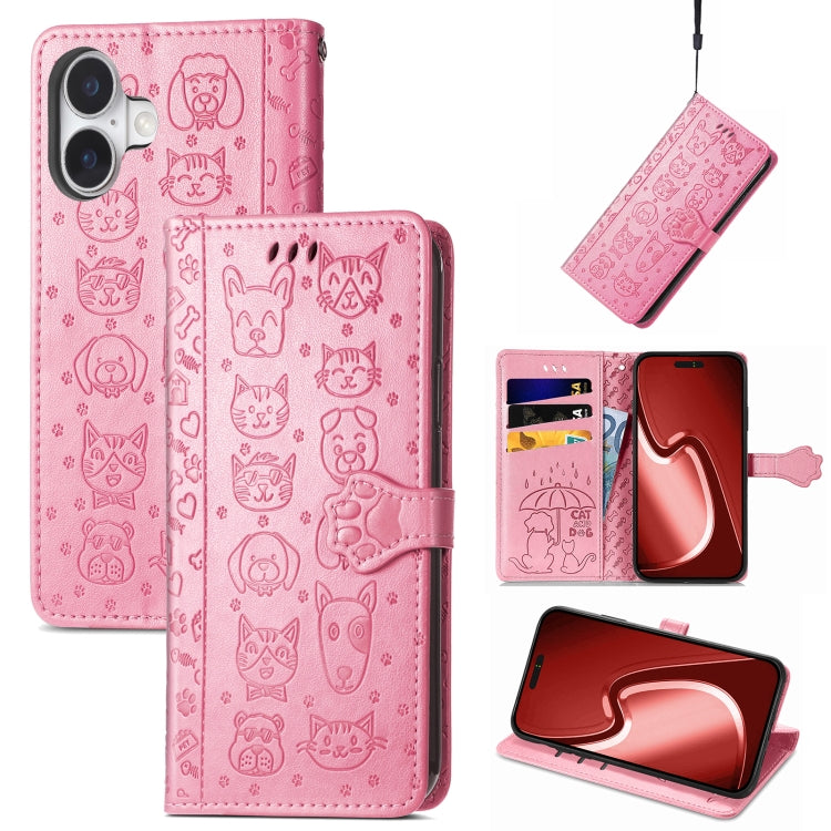 Cat and Dog Embossed Leather Phone Case, For iPhone 16 Pro Max, For iPhone 16 Pro, For iPhone 16 Plus, For iPhone 16