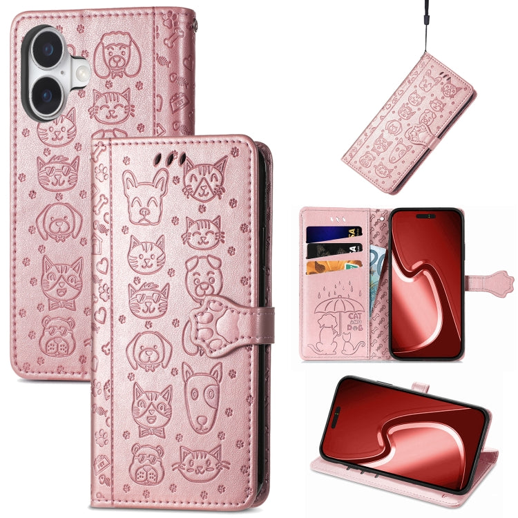 Cat and Dog Embossed Leather Phone Case, For iPhone 16 Pro Max, For iPhone 16 Pro, For iPhone 16 Plus, For iPhone 16