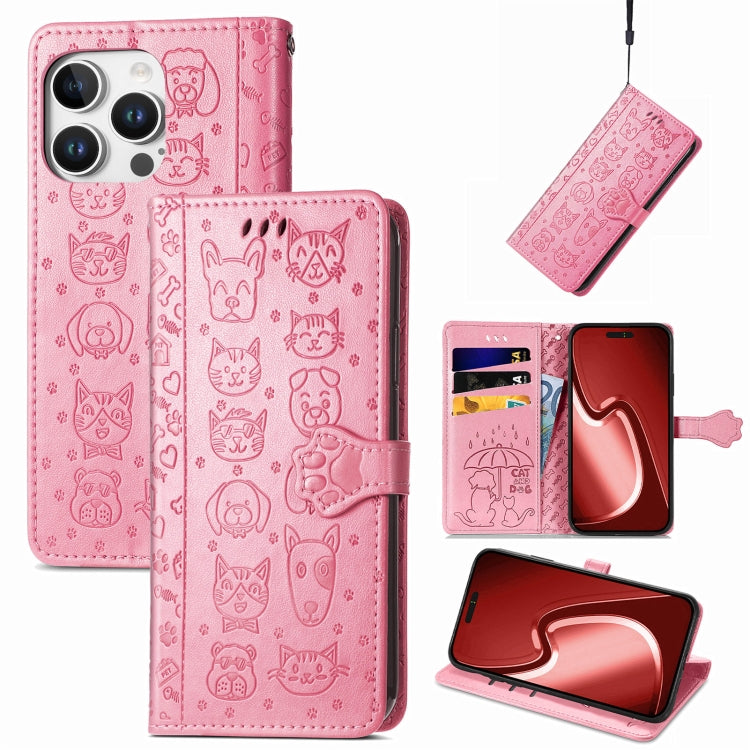 Cat and Dog Embossed Leather Phone Case, For iPhone 16 Pro Max, For iPhone 16 Pro, For iPhone 16 Plus, For iPhone 16