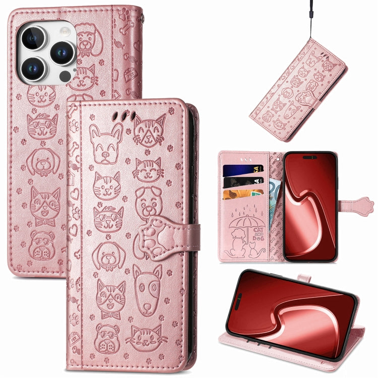 Cat and Dog Embossed Leather Phone Case, For iPhone 16 Pro Max, For iPhone 16 Pro, For iPhone 16 Plus, For iPhone 16