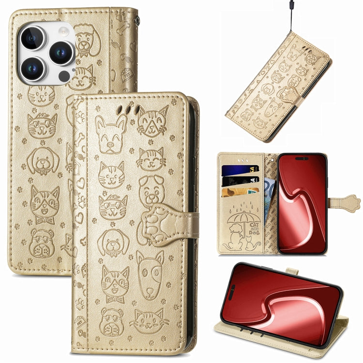 Cat and Dog Embossed Leather Phone Case, For iPhone 16 Pro Max, For iPhone 16 Pro, For iPhone 16 Plus, For iPhone 16