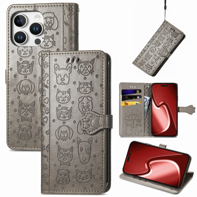 Cat and Dog Embossed Leather Phone Case, For iPhone 16 Pro Max, For iPhone 16 Pro, For iPhone 16 Plus, For iPhone 16