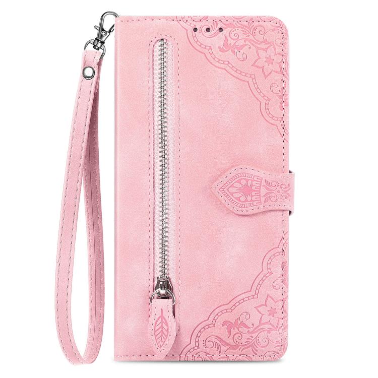 Embossed Flower Zipper Leather Phone Case, For iPhone 16e, For iPhone 16 Pro Max, For iPhone 16 Pro, For iPhone 16 Plus, For iPhone 16