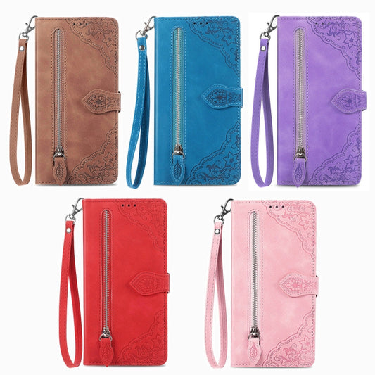 Embossed Flower Zipper Leather Phone Case, For iPhone 16e, For iPhone 16 Pro Max, For iPhone 16 Pro, For iPhone 16 Plus, For iPhone 16