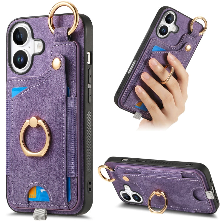 Retro Skin-feel Ring Card Bag Phone Case with Hang Loop, For iPhone 16 Pro Max, For iPhone 16 Pro, For iPhone 16 Plus, For iPhone 16, iPhone 16e