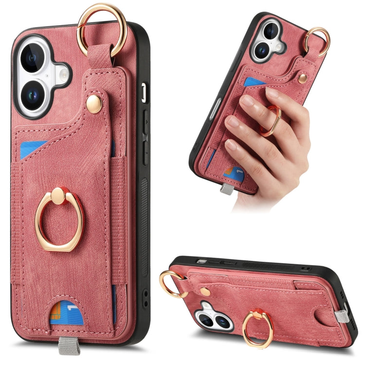 Retro Skin-feel Ring Card Bag Phone Case with Hang Loop, For iPhone 16 Pro Max, For iPhone 16 Pro, For iPhone 16 Plus, For iPhone 16, iPhone 16e