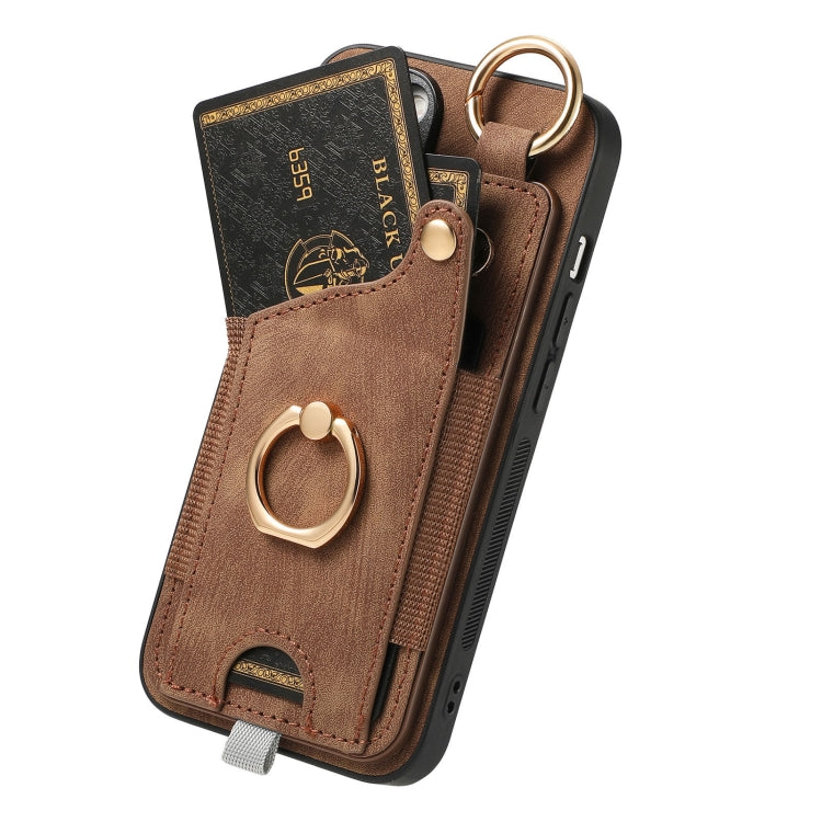 Retro Skin-feel Ring Card Bag Phone Case with Hang Loop, For iPhone 16 Pro Max, For iPhone 16 Pro, For iPhone 16 Plus, For iPhone 16, iPhone 16e