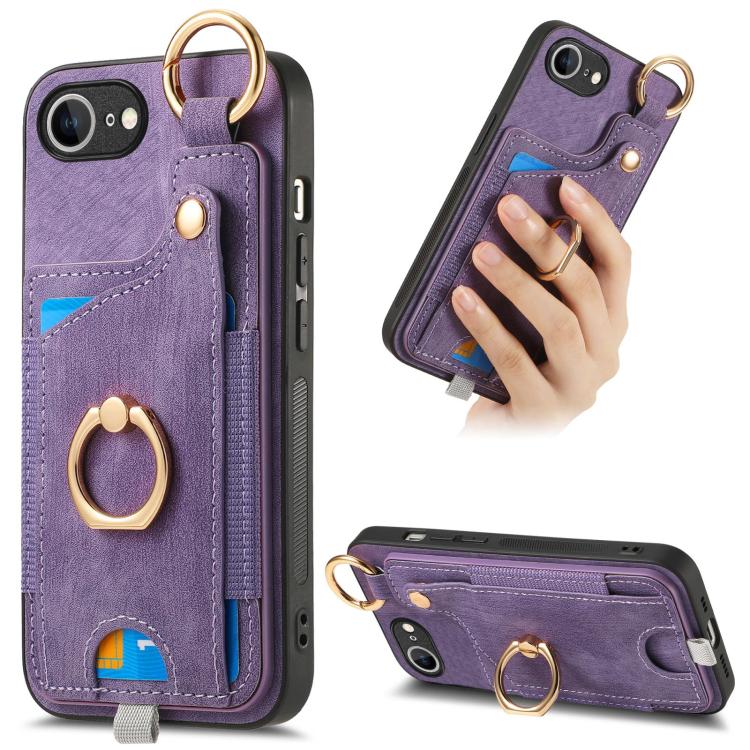 Retro Skin-feel Ring Card Bag Phone Case with Hang Loop, For iPhone 16 Pro Max, For iPhone 16 Pro, For iPhone 16 Plus, For iPhone 16, iPhone 16e