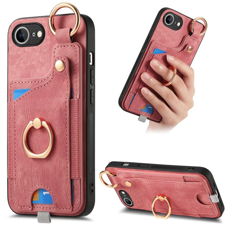 Retro Skin-feel Ring Card Bag Phone Case with Hang Loop, For iPhone 16 Pro Max, For iPhone 16 Pro, For iPhone 16 Plus, For iPhone 16, iPhone 16e