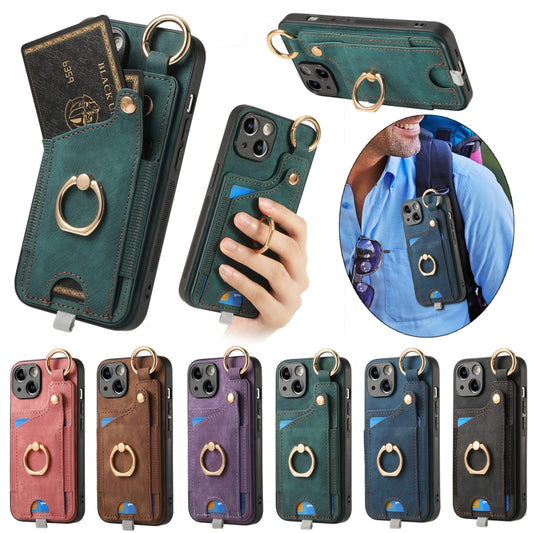 Retro Skin-feel Ring Card Bag Phone Case with Hang Loop, For iPhone 14, For iPhone 14 Pro, For iPhone 14 Pro Max, For iPhone 7 / 8 / SE 2022, For iPhone 13 Pro Max