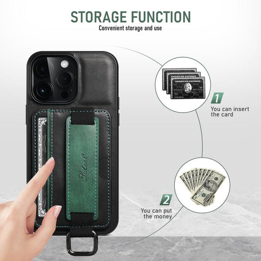 Suteni H13 Card Wallet Wrist Strap Holder PU Phone Case, For iPhone 16e, For iPhone 16 Pro Max, For iPhone 16 Pro, For iPhone 16 Plus, For iPhone 16, For iPhone 15 Pro Max, For iPhone 15 Pro, For iPhone 15 Plus, For iPhone 15