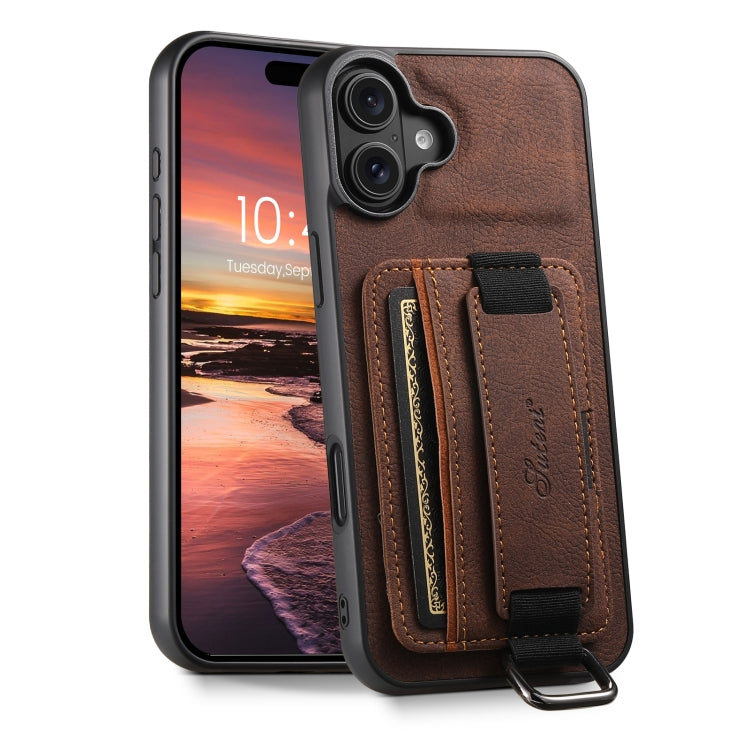 Suteni H13 Litchi Leather Wrist Strap Wallet Back Phone Case, For iPhone 16e, For iPhone 16 Pro Max, For iPhone 16 Pro, For iPhone 16 Plus, For iPhone 16, For iPhone 15 Pro Max