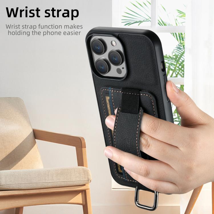 Suteni H13 Litchi Leather Wrist Strap Wallet Back Phone Case, For iPhone 16e, For iPhone 16 Pro Max, For iPhone 16 Pro, For iPhone 16 Plus, For iPhone 16, For iPhone 15 Pro Max