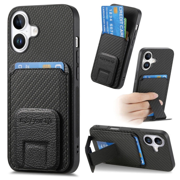 Carbon Fiber Card Bag Fold Stand Phone Case, For iPhone 16 Pro Max, For iPhone 16 Pro, For iPhone 16 Plus, For iPhone 16, For iPhone 15 Pro Max, For iPhone 15 Pro