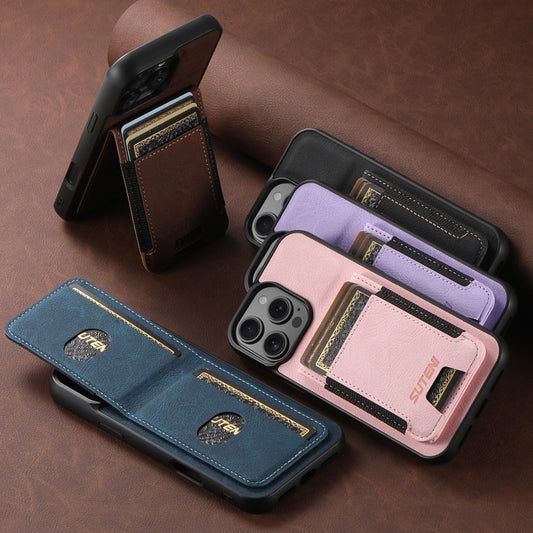 Suteni H03 Litchi Leather Card Bag Stand Back Phone Case, For iPhone 16e, For iPhone 16 Pro Max, For iPhone 16 Pro, For iPhone 16 Plus, For iPhone 16, For iPhone 15 Pro Max