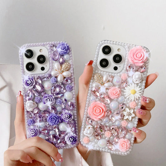 Rose Hand-set Diamond PC Phone Case, For iPhone 16e, For iPhone 16 Pro Max, For iPhone 16 Pro, For iPhone 16 Plus, For iPhone 16, For iPhone 15 Pro Max, For iPhone 15 Pro, For iPhone 15 Plus, For iPhone 15, For iPhone 14 Plus, For iPhone 14