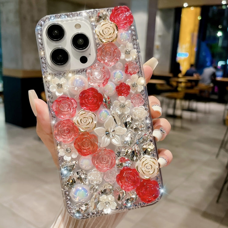 Rose Hand-set Pearl Diamond PC Phone Case, For iPhone 15, For iPhone 14 Plus, For iPhone 14, For iPhone 14 Pro, For iPhone 14 Pro Max, For iPhone 13 Pro Max, For iPhone 13 Pro, For iPhone 13