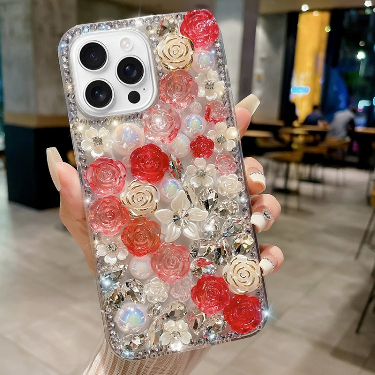 Rose Hand-set Pearl Diamond PC Phone Case, For iPhone 16e, For iPhone 16 Pro Max, For iPhone 16 Pro, For iPhone 16 Plus, For iPhone 16, For iPhone 15 Pro Max, For iPhone 15 Pro, For iPhone 15 Plus