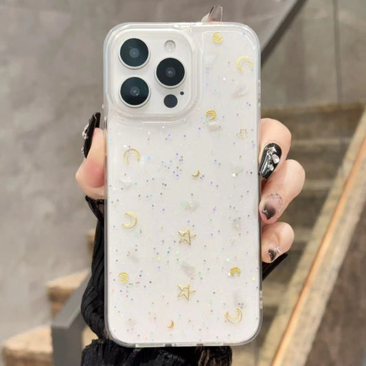 Moon Star Shell Glitter Epoxy TPU Phone Case, For iPhone 16 Pro Max, For iPhone 16 Pro, For iPhone 16 Plus, For iPhone 16, For iPhone 15 Pro Max, For iPhone 15 Pro, For iPhone 15 Plus, For iPhone 15