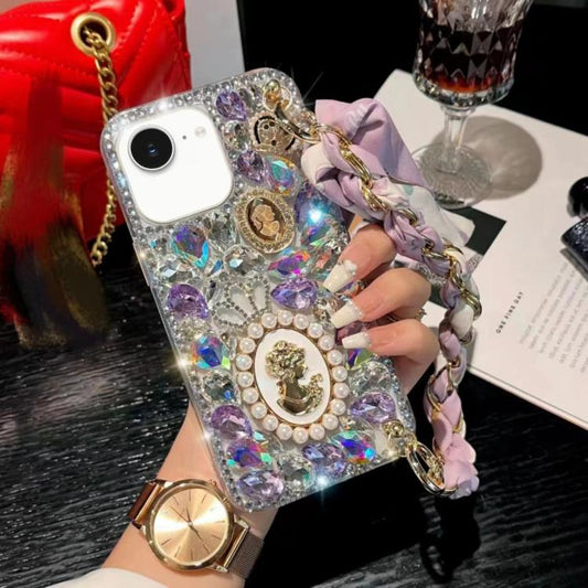 Handmade Diamond Purple Gemstone Scarf Bracelet PC Phone Case, For iPhone 16e, For iPhone 16 Pro Max, For iPhone 16 Pro, For iPhone 16 Plus, For iPhone 16, For iPhone 15 Pro Max, For iPhone 15 Pro, For iPhone 15 Plus, For iPhone 15, For iPhone 14 Plus