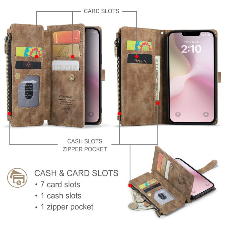 CaseMe C30 Card Slots Zipper Wallet Leather Phone Case, For iPhone 16e, For iPhone 16 Pro Max, For iPhone 16 Pro, For iPhone 16 Plus, For iPhone 16