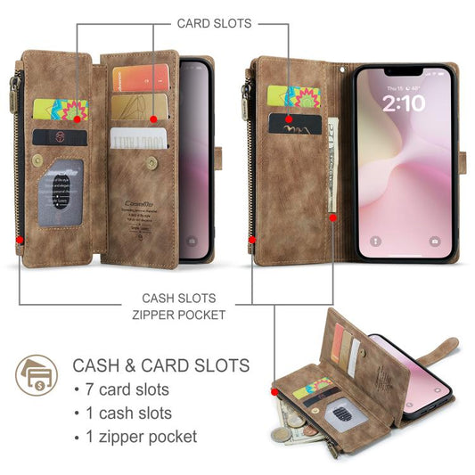 CaseMe C30 Card Slots Zipper Wallet Leather Phone Case, For iPhone 16e, For iPhone 16 Pro Max, For iPhone 16 Pro, For iPhone 16 Plus, For iPhone 16