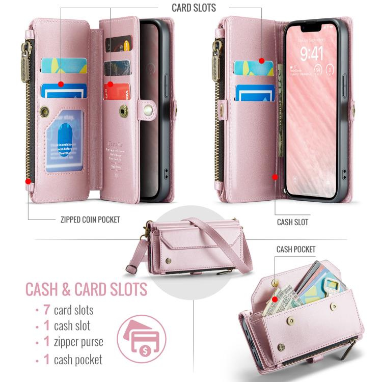 CaseMe C36 Card Slots Zipper Wallet RFID Anti-theft Leather Phone Case, For iPhone 16e, For iPhone 16 Pro Max, For iPhone 16 Pro, For iPhone 16 Plus, For iPhone 16