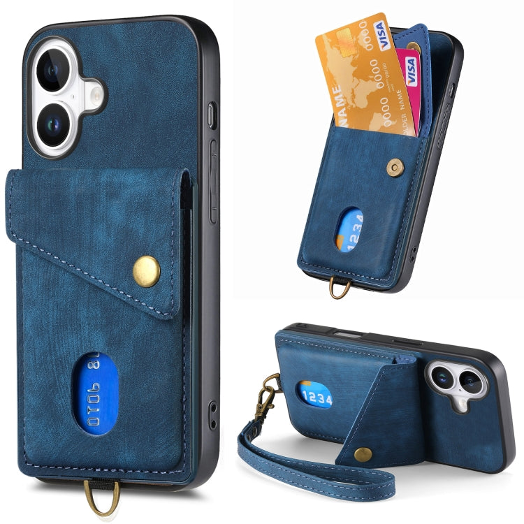 Retro Card Wallet Fold Leather Phone Case with Strap, For iPhone 16 Pro Max, For iPhone 16 Pro, For iPhone 16 Plus, For iPhone 16, iPhone 16e