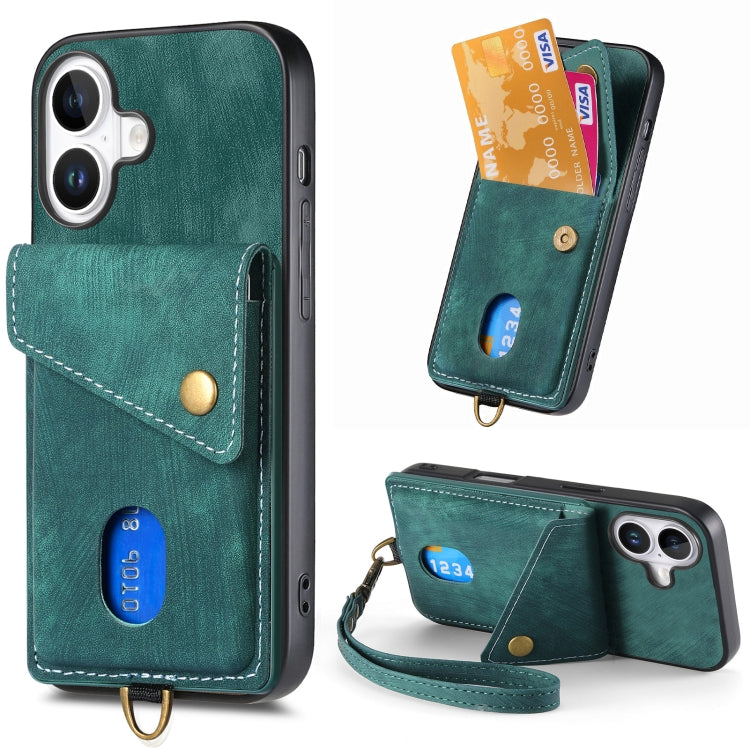 Retro Card Wallet Fold Leather Phone Case with Strap, For iPhone 16 Pro Max, For iPhone 16 Pro, For iPhone 16 Plus, For iPhone 16, iPhone 16e