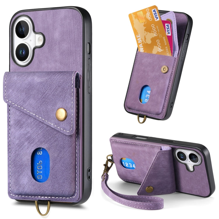 Retro Card Wallet Fold Leather Phone Case with Strap, For iPhone 16 Pro Max, For iPhone 16 Pro, For iPhone 16 Plus, For iPhone 16, iPhone 16e