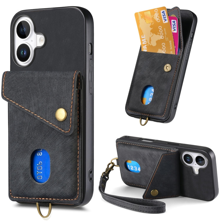 Retro Card Wallet Fold Leather Phone Case with Strap, For iPhone 16 Pro Max, For iPhone 16 Pro, For iPhone 16 Plus, For iPhone 16, iPhone 16e