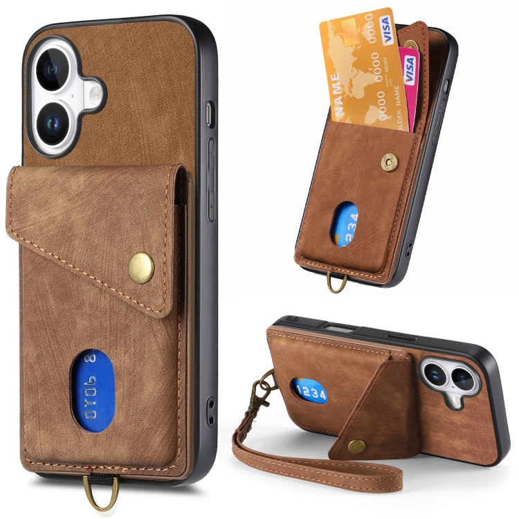 Retro Card Wallet Fold Leather Phone Case with Strap, For iPhone 16 Pro Max, For iPhone 16 Pro, For iPhone 16 Plus, For iPhone 16, iPhone 16e