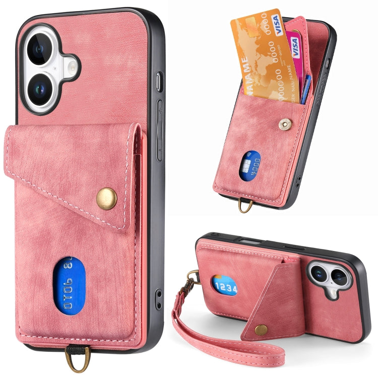 Retro Card Wallet Fold Leather Phone Case with Strap, For iPhone 16 Pro Max, For iPhone 16 Pro, For iPhone 16 Plus, For iPhone 16, iPhone 16e