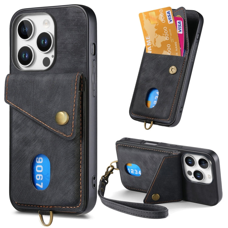 Retro Card Wallet Fold Leather Phone Case with Strap, For iPhone 16 Pro Max, For iPhone 16 Pro, For iPhone 16 Plus, For iPhone 16, iPhone 16e