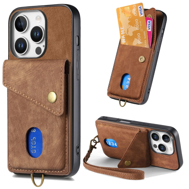 Retro Card Wallet Fold Leather Phone Case with Strap, For iPhone 16 Pro Max, For iPhone 16 Pro, For iPhone 16 Plus, For iPhone 16, iPhone 16e