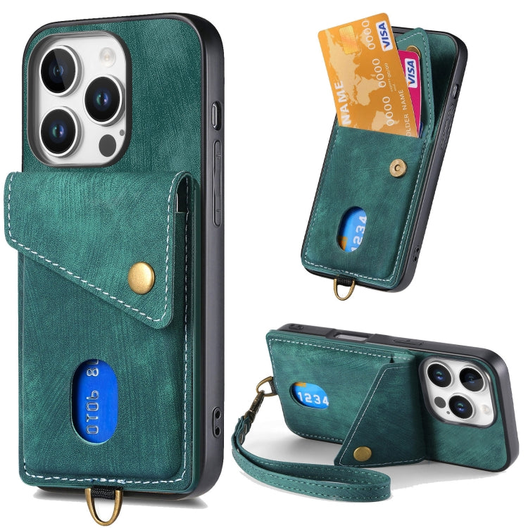 Retro Card Wallet Fold Leather Phone Case with Strap, For iPhone 16 Pro Max, For iPhone 16 Pro, For iPhone 16 Plus, For iPhone 16, iPhone 16e