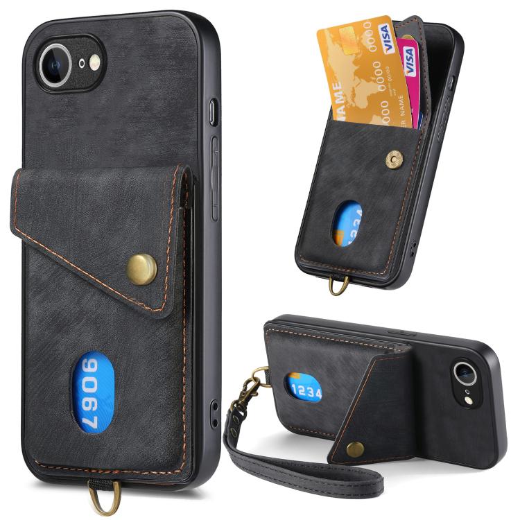 Retro Card Wallet Fold Leather Phone Case with Strap, For iPhone 16 Pro Max, For iPhone 16 Pro, For iPhone 16 Plus, For iPhone 16, iPhone 16e