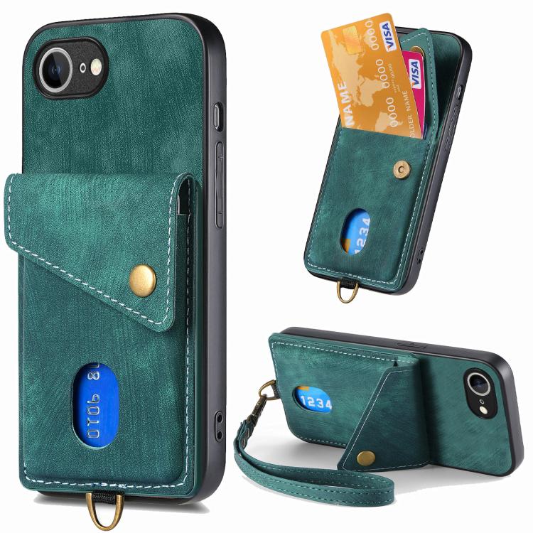 Retro Card Wallet Fold Leather Phone Case with Strap, For iPhone 16 Pro Max, For iPhone 16 Pro, For iPhone 16 Plus, For iPhone 16, iPhone 16e