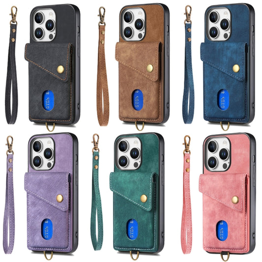 Retro Card Wallet Fold Leather Phone Case with Strap, For iPhone 16 Pro Max, For iPhone 16 Pro, For iPhone 16 Plus, For iPhone 16, iPhone 16e