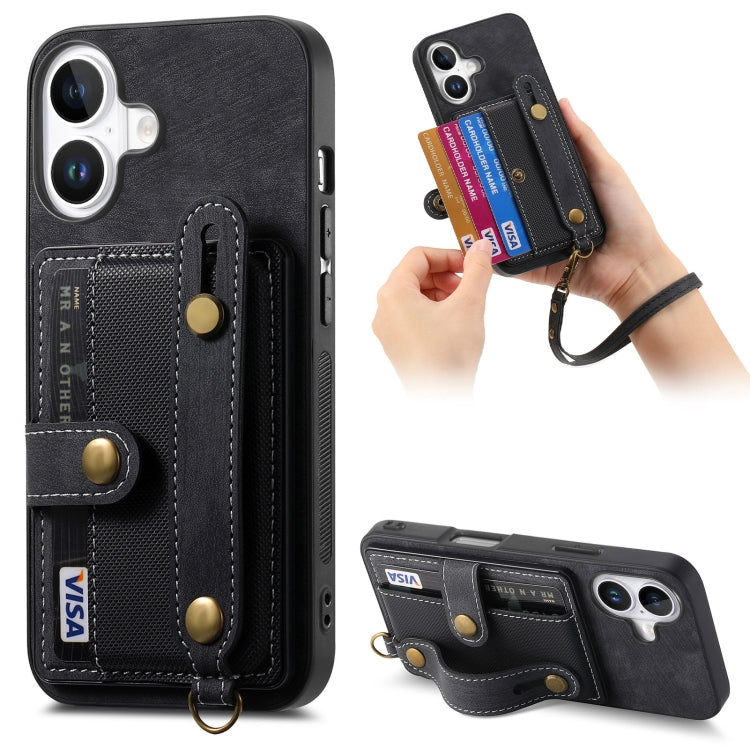 Retro Cross Wristband Wallet Leather Back Phone Case, For iPhone 16 Pro Max, For iPhone 16 Pro, For iPhone 16 Plus, For iPhone 16, iPhone 16e