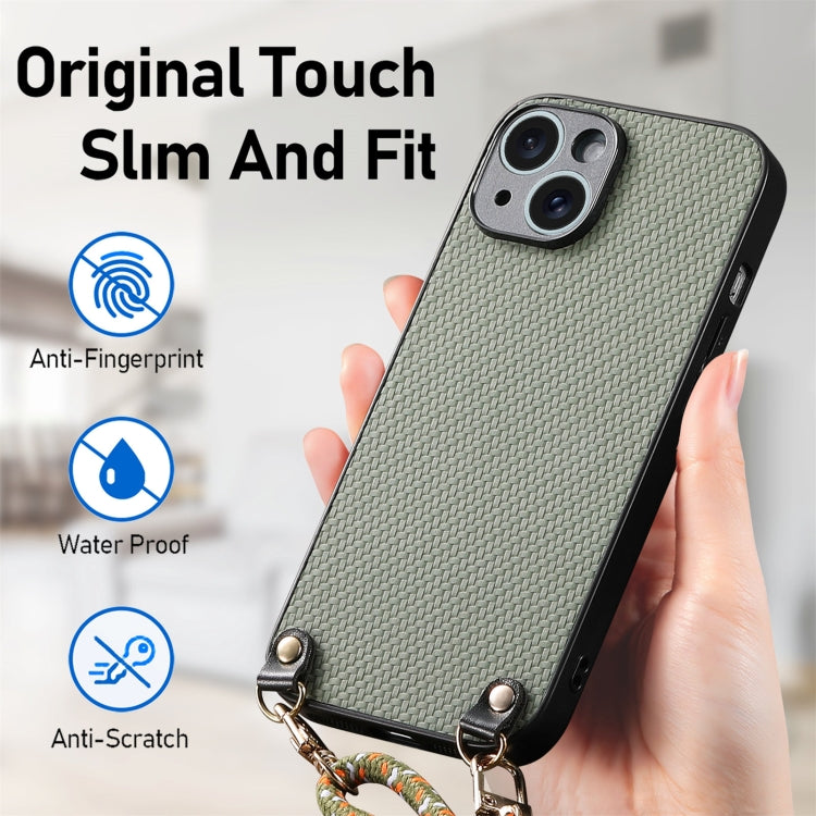 Carbon Fiber Texture Leather Back Phone Case with Crossbody Strap, For iPhone 15 Plus, For iPhone 15, For iPhone 14 Plus, For iPhone 14, For iPhone 14 Pro, For iPhone 14 Pro Max