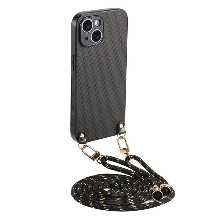 Carbon Fiber Texture Leather Back Phone Case with Crossbody Strap, For iPhone 15 Plus, For iPhone 15, For iPhone 14 Plus, For iPhone 14, For iPhone 14 Pro, For iPhone 14 Pro Max