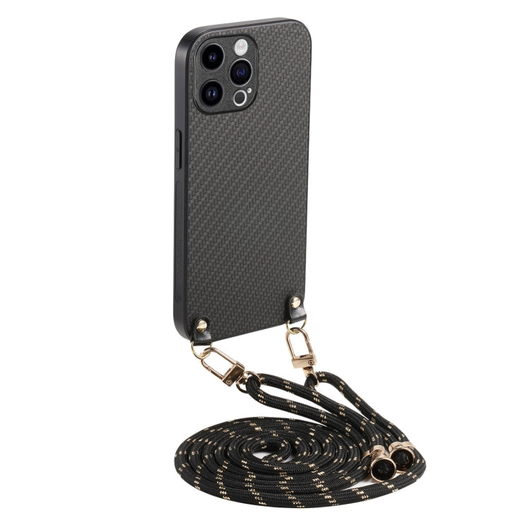 Carbon Fiber Texture Leather Back Phone Case with Crossbody Strap, For iPhone 15 Plus, For iPhone 15, For iPhone 14 Plus, For iPhone 14, For iPhone 14 Pro, For iPhone 14 Pro Max