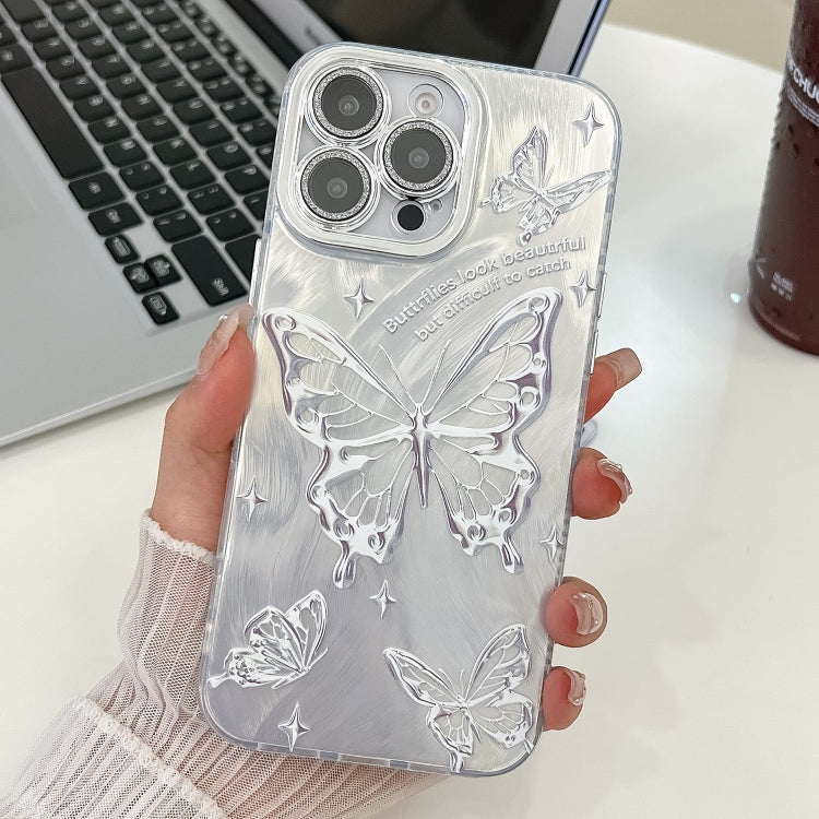 Plating Texture Butterfly TPU Phone Case with Glitter Lens Film, For iPhone 15 Pro Max, For iPhone 15 Pro, For iPhone 15, For iPhone 14, For iPhone 14 Pro