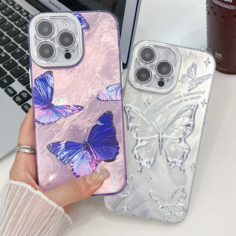 Plating Texture Butterfly TPU Phone Case with Glitter Lens Film, For iPhone 15 Pro Max, For iPhone 15 Pro, For iPhone 15, For iPhone 14, For iPhone 14 Pro