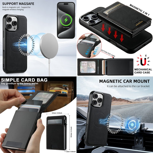 Suteni H19 Litchi Grain 2-in-1 MagSafe Removable Card Box Back Phone Case, For iPhone 16e, For iPhone 16 Pro Max, For iPhone 16 Pro, For iPhone 16 Plus, For iPhone 16, For iPhone 15 Pro Max, For iPhone 15 Pro, For iPhone 15 Plus, For iPhone 15