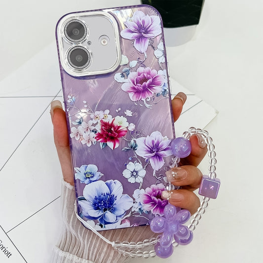 Electroplating Flowers Plants Texture Wristband TPU Phone Case, For iPhone 16 Plus