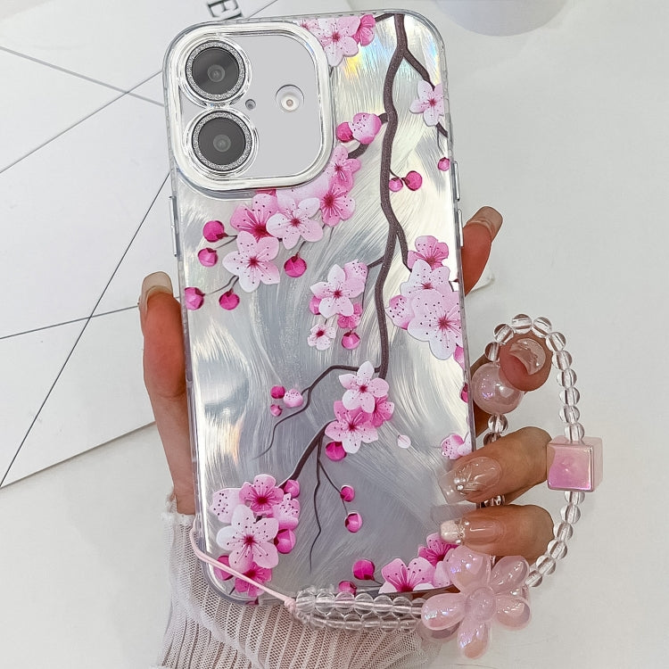 Electroplating Flowers Plants Texture Wristband TPU Phone Case, For iPhone 16 Plus