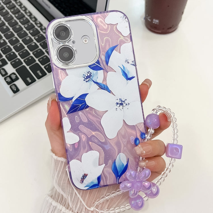 Electroplating Flowers Plants Texture Wristband TPU Phone Case, For iPhone 16 Plus